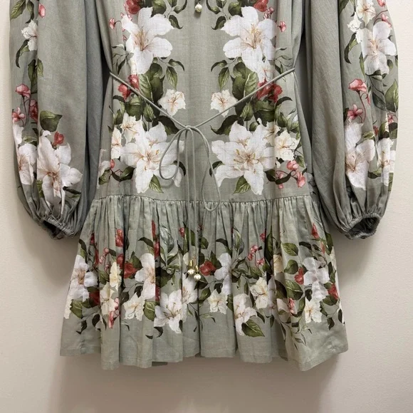 Camila Coelho Floral Mini Dress Blouson Sleeve Waist Tie Size Sage Green Size XS - Picture 5 of 11
